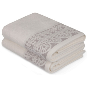 Zestaw dwóch białych ręczników z beżowym detalem Romantica, 90x50 cm