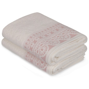 Zestaw dwóch białych ręczników z różowym detalem Romantica, 90x50 cm