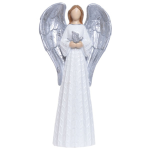 Dekoracyjna figurka anioła w białej i srebrnej barwie Ewax Angelito Con Paloma, wys. 19,7 cm