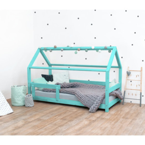 Turkusowe łóżko dziecięce z drewna świerkowego z barierkami Benlemi Tery, 80x160 cm