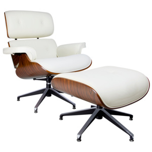 Fotel z podnóżkiem Biała Skóra Naturalna podstawa orzech Insp. Lounge Chair