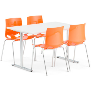 Zestaw mebli do stołówki TILO + JUNO, stół + 4 krzesła, pomarańczowy