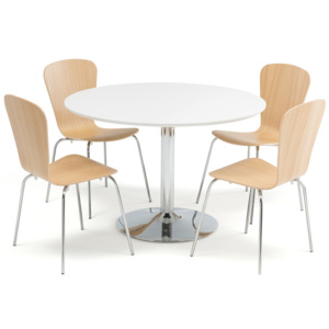Zestaw mebli do stołówki, stół Ø1100 mm biały, chrom + 4 krzesła dąb