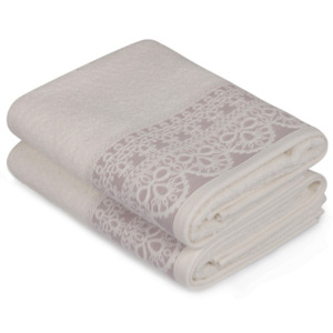 Zestaw dwóch białych ręczników z lila detalem Romantica, 90x50 cm