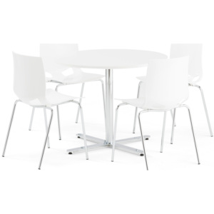 Zestaw do stołówki TILO + JUNO, okrągły stół, 4 krzesła, biały
