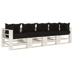 Ogrodowa sofa 4-osobowa z palet, z czarnymi poduszkami, drewno
