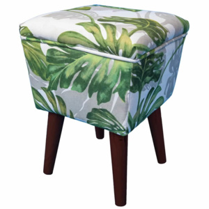 Bhp Kwadratowy stołek w zielone liście, drewniane nogi, 31x31x44 cm