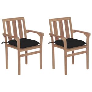 Krzesła ogrodowe, 2 szt., czarne poduszki, drewno tekowe