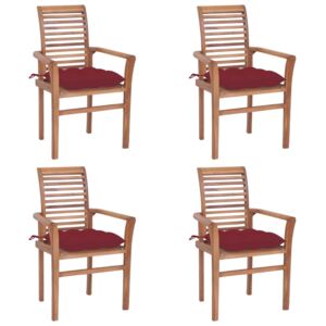Krzesła stołowe, 4 szt., czerwone poduszki, drewno tekowe
