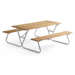Długi stół z ławką PICNIC, z oparciem, 1800 mm, brązowy