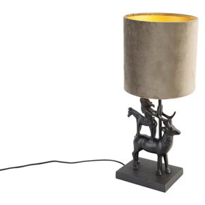 Vintage lampa stołowa czarny abażur z tkaniny ciemnoszary - Hjort Tre Oswietlenie wewnetrzne