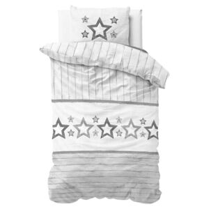 Szaro-biała pościel z mikroperkalu Sleeptime Stars, 140x220 cm