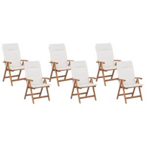 Zestaw 6 krzeseł ogrodowych jasne drewno lite akacjowe z białymi poduszkami składane styl rustykalny Beliani