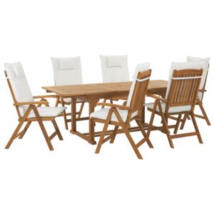 Zestaw jadalniany jasne drewno lite akacjowe 6 krzeseł rozkładanych składane białe poduszki Beliani