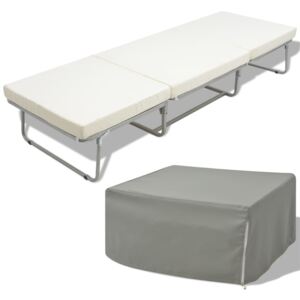 Rozkładane łóżko z materacem, białe, stalowe, 70x200 cm