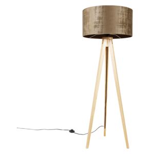 Lampa podłogowa drewniana z kloszem z tkaniny brąz 50 cm - Tripod Classic Oswietlenie wewnetrzne