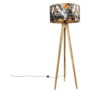 Vintage lampa podłogowa klosz z drewna wzór kwiatowy 50 cm - Tripod Classic Oswietlenie wewnetrzne