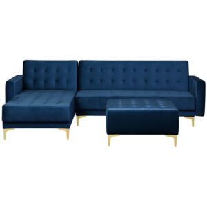 Sofa rozkładana welur ciemnoniebieska prawostronna z otomaną ABERDEEN