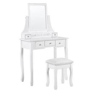 Toaletka biała 5 szuflad prostokątne lustro ze stołkiem styl glam do sypialni Beliani