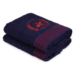 Zestaw dwóch ciemnoniebieskich ręczników z czerwonym detalem Beverly Hills Polo Club Horses, 90x50 cm