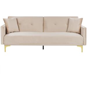 Sofa rozkładana 3-osobowa beżowa welurowa pikowana z poduszkami metalowe nogi nowoczesna do salonu Beliani