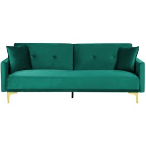 Sofa rozkładana 3-osobowa zielona welurowa pikowana z poduszkami metalowe nogi nowoczesna do salonu Beliani