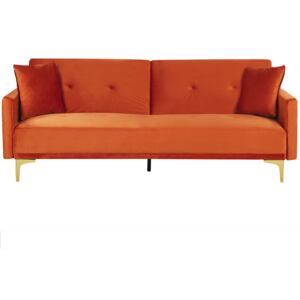 Sofa rozkładana 3-osobowa pomarańczowa welurowa pikowana z poduszkami metalowe nogi nowoczesna do salonu Beliani