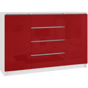 Komoda K160, 2 drzwi, 4 szuflady, czerwona wysoki połysk, 160x40x99 cm