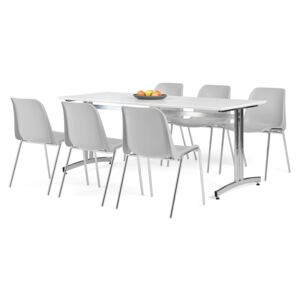 Zestaw mebli do jadalni, stół 1800x700 mm, biały + 6 krzeseł, szary/chrom