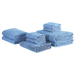 Komplet 9 ręczników niebieski bawełna zero twist ręczniki dla gości do rąk kąpielowy i mata łazienkowa Beliani