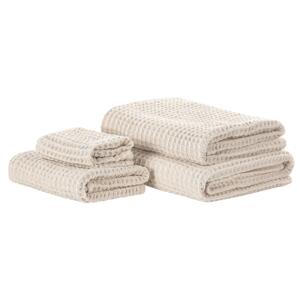 Komplet 4 ręczników beżowy bawełna zero twist ręczniki dla gości do rąk kąpielowy i mata łazienkowa Beliani