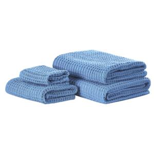 Komplet 4 ręczników niebieski bawełna zero twist ręczniki dla gości do rąk kąpielowy i mata łazienkowa Beliani