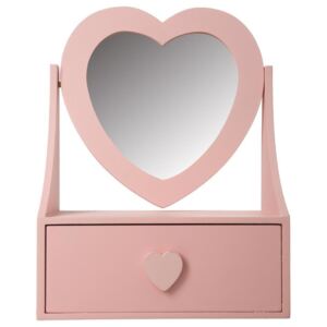 Drewniana szkatułka na biżuterię z lustrem, serce - kolor różowy
