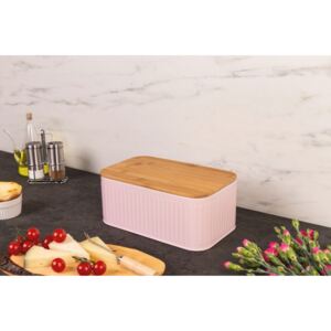 Chlebak metalowy z bambusową deską, pojemnik na pieczywo, kolor różowy