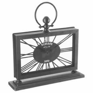 Zegar stołowy vintage czarny, z eleganckim uchwytem, metalowy