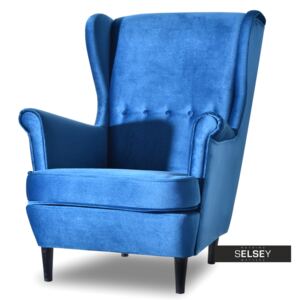 Fotel Malmo niebieski pikowany uszak welurowy