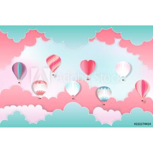 Fototapeta Kolorowy gorącego powietrza balony na pastelowym nieba tle jako projekt papierowa