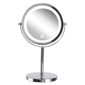 Lusterko kosmetyczne srebrne metalowe ø 20 cm z oświetleniem LED do makijażu powiększające dwustronne Beliani