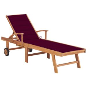 Leżak z poduszką w kolorze winnej czerwieni, lite drewno tekowe