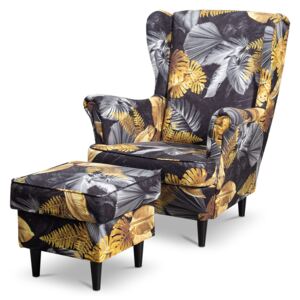Fotel uszak Lily Kwiaty z podnóżkiem w stylu skandynawskim