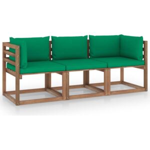 Ogrodowa sofa 3-os. z palet, z zielonymi poduszkami, sosna