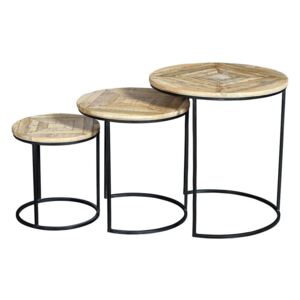 Okrągły stolik kawowy MANGO z drewnianym blatem / zestaw 3 szt
