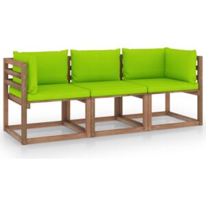 Ogrodowa sofa 3-os. z palet, z jasnozielonymi poduszkami, sosna