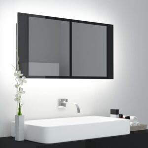 Szafka łazienkowa z lustrem i LED, połysk, czarna, 90x12x45 cm