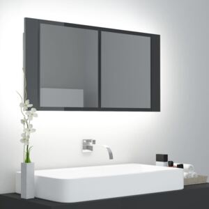 Szafka łazienkowa z lustrem i LED, połysk, szara, 90x12x45 cm