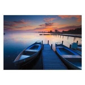 Fototapeta - Zachód słońca, łodzie i pomost