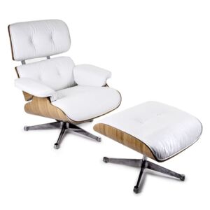 Fotel z podnóżkiem Biała Skóra Naturalna Inspirowany Projektem Lounge Chair