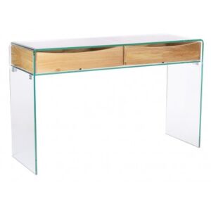 Konsola szklana CASSETTO - szkło transparentne, dębowe szuflady