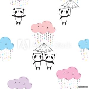 Fototapeta Bezszwowy wzór z ślicznymi pandami, parasolami i barwionymi śmiesznymi chmurami