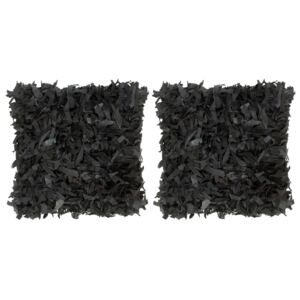 Poduszki shaggy, 2 szt, czarne, 45x45 cm, skóra i bawełna